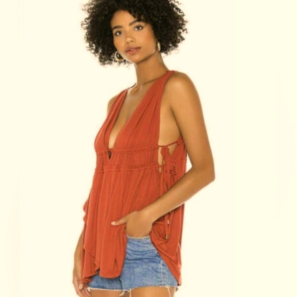 Free People Aries Ruched Side Tie Tank Top Burnt Orange Western Boho Medium